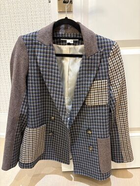 Veronica Beard Blue and Tan Houndstooth Patchwork Double-Breasted Blazer